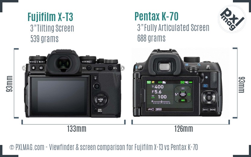 Fujifilm X-T3 vs Pentax K-70 Screen and Viewfinder comparison