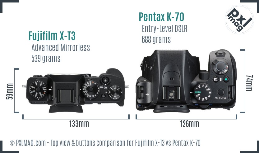 Fujifilm X-T3 vs Pentax K-70 top view buttons comparison