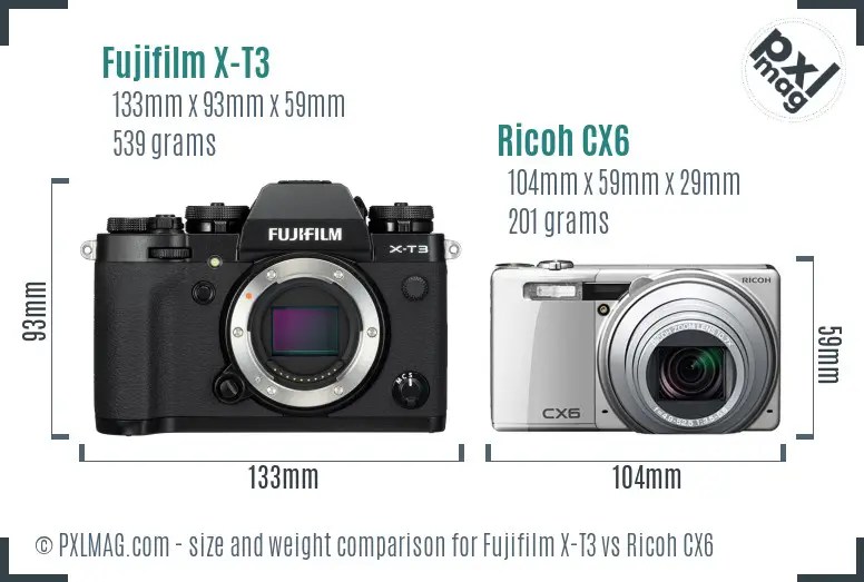 Fujifilm X-T3 vs Ricoh CX6 size comparison