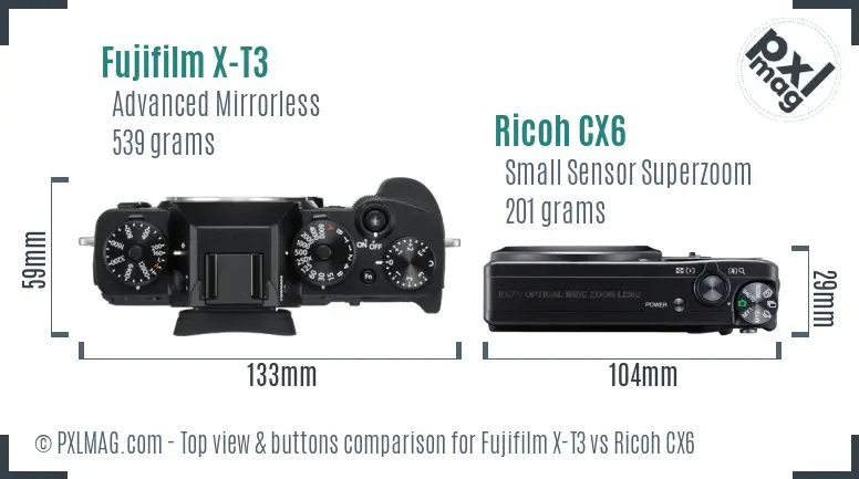 Fujifilm X-T3 vs Ricoh CX6 top view buttons comparison