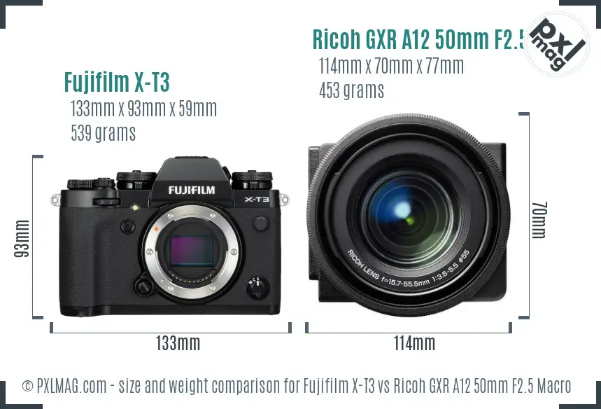 Fujifilm X-T3 vs Ricoh GXR A12 50mm F2.5 Macro size comparison