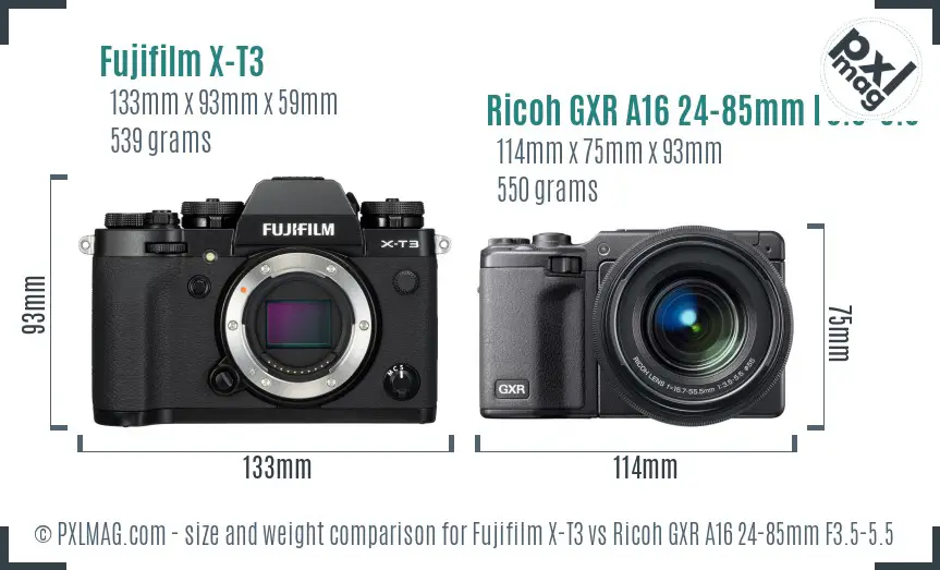 Fujifilm X-T3 vs Ricoh GXR A16 24-85mm F3.5-5.5 size comparison