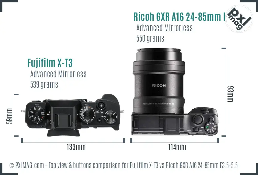 Fujifilm X-T3 vs Ricoh GXR A16 24-85mm F3.5-5.5 top view buttons comparison
