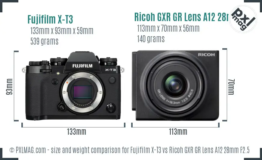 Fujifilm X-T3 vs Ricoh GXR GR Lens A12 28mm F2.5 size comparison