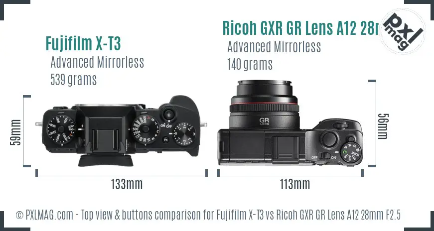 Fujifilm X-T3 vs Ricoh GXR GR Lens A12 28mm F2.5 top view buttons comparison