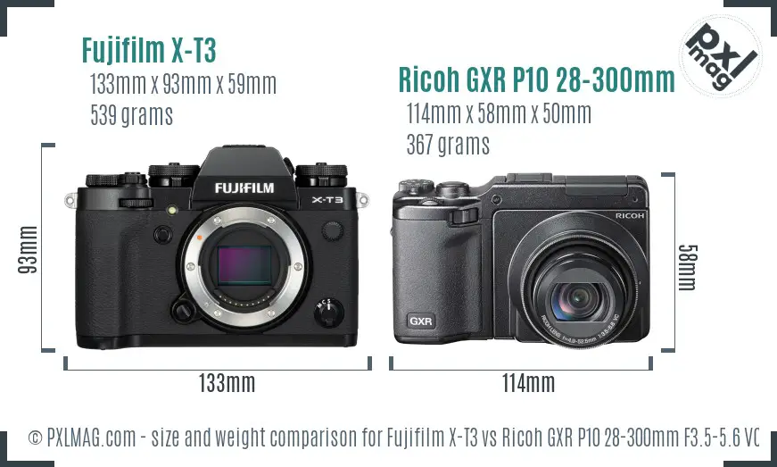 Fujifilm X-T3 vs Ricoh GXR P10 28-300mm F3.5-5.6 VC size comparison