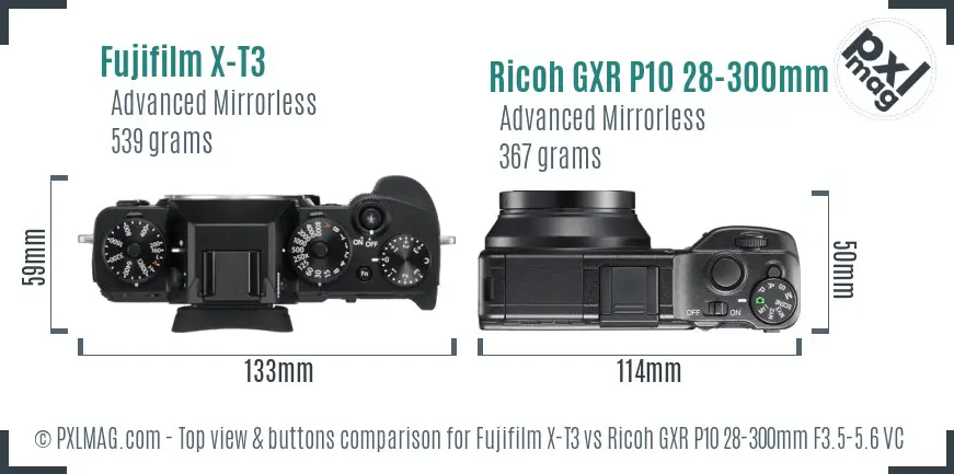 Fujifilm X-T3 vs Ricoh GXR P10 28-300mm F3.5-5.6 VC top view buttons comparison