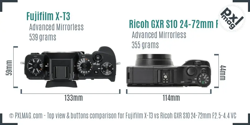 Fujifilm X-T3 vs Ricoh GXR S10 24-72mm F2.5-4.4 VC top view buttons comparison