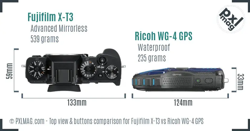 Fujifilm X-T3 vs Ricoh WG-4 GPS top view buttons comparison