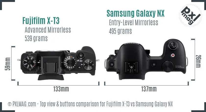 Fujifilm X-T3 vs Samsung Galaxy NX top view buttons comparison