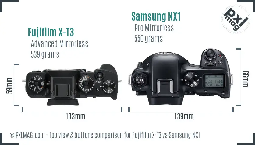 Fujifilm X-T3 vs Samsung NX1 top view buttons comparison