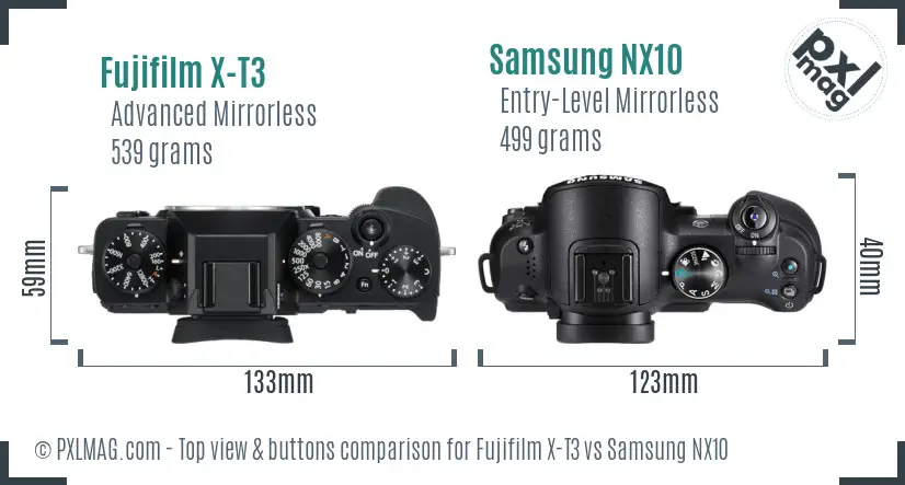 Fujifilm X-T3 vs Samsung NX10 top view buttons comparison