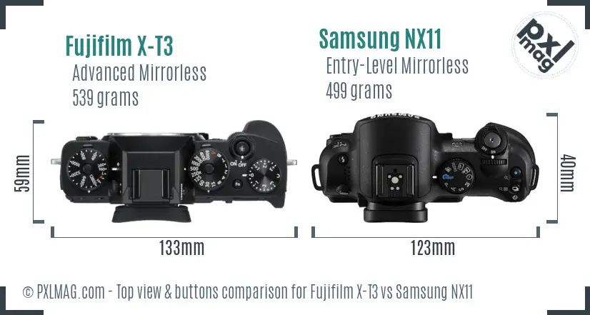 Fujifilm X-T3 vs Samsung NX11 top view buttons comparison
