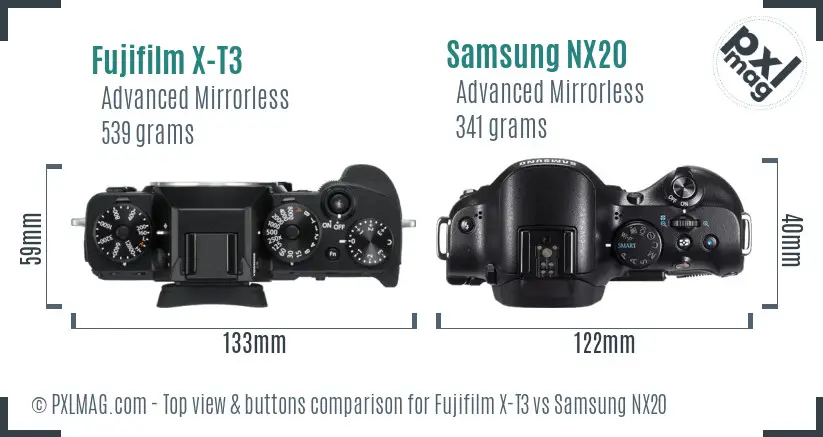 Fujifilm X-T3 vs Samsung NX20 top view buttons comparison