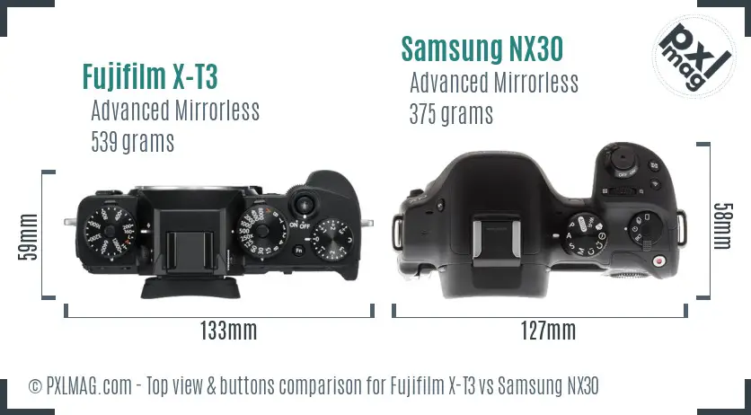 Fujifilm X-T3 vs Samsung NX30 top view buttons comparison