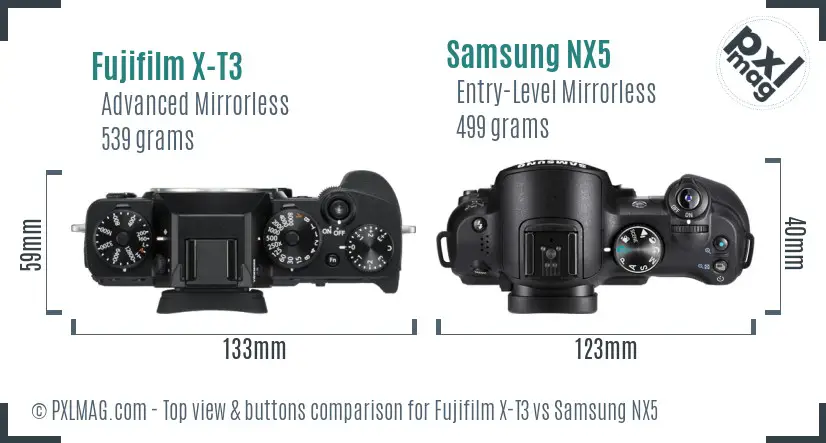 Fujifilm X-T3 vs Samsung NX5 top view buttons comparison