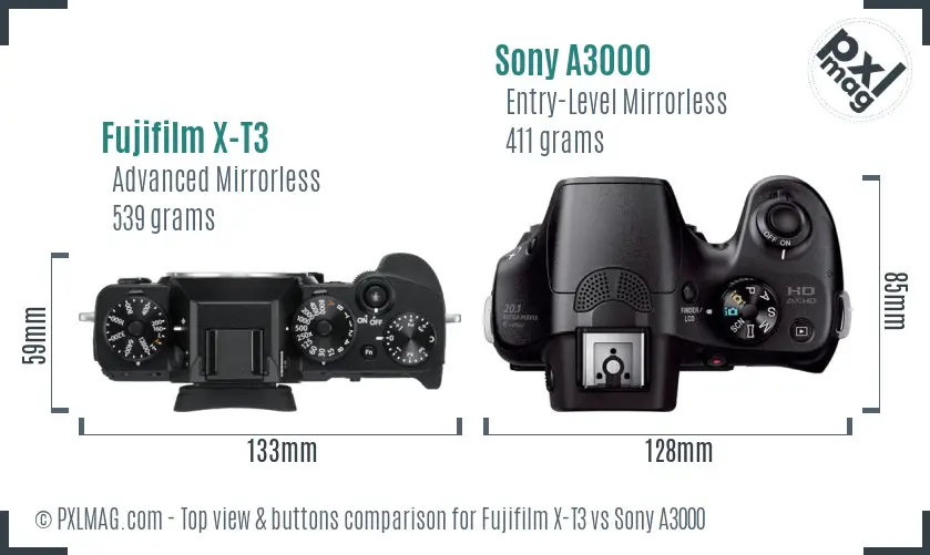 Fujifilm X-T3 vs Sony A3000 top view buttons comparison