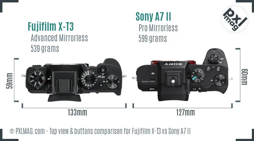 Fujifilm X-T3 vs Sony A7 II top view buttons comparison