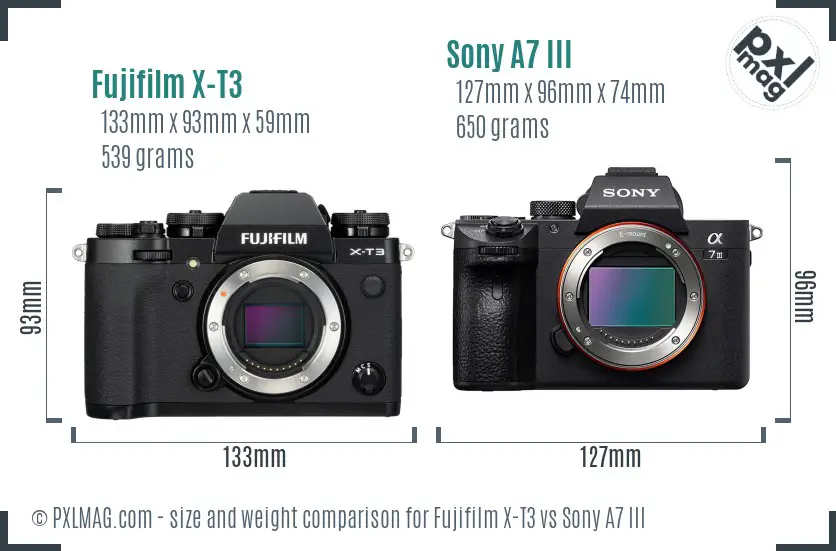 Fujifilm X-T3 vs Sony A7 III size comparison