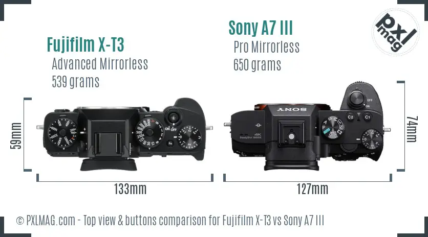 Fujifilm X-T3 vs Sony A7 III top view buttons comparison