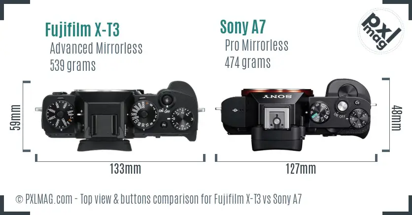 Fujifilm X-T3 vs Sony A7 top view buttons comparison