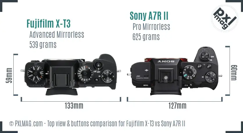 Fujifilm X-T3 vs Sony A7R II top view buttons comparison