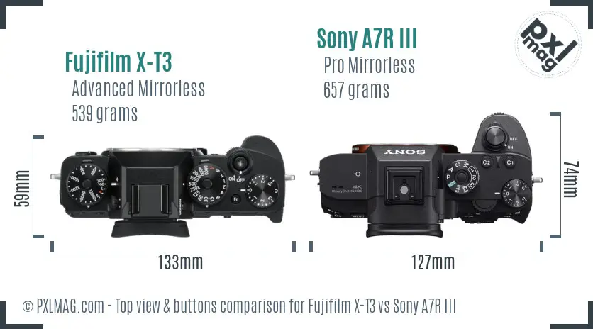 Fujifilm X-T3 vs Sony A7R III top view buttons comparison