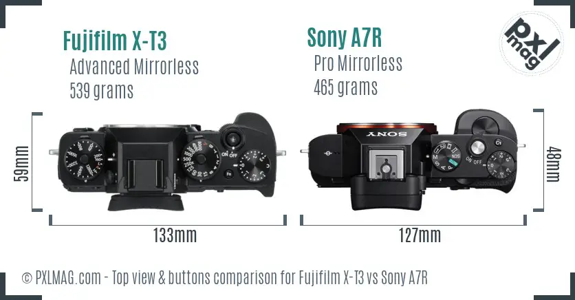 Fujifilm X-T3 vs Sony A7R top view buttons comparison