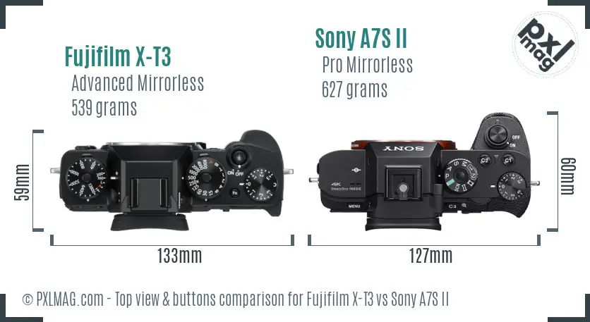 Fujifilm X-T3 vs Sony A7S II top view buttons comparison