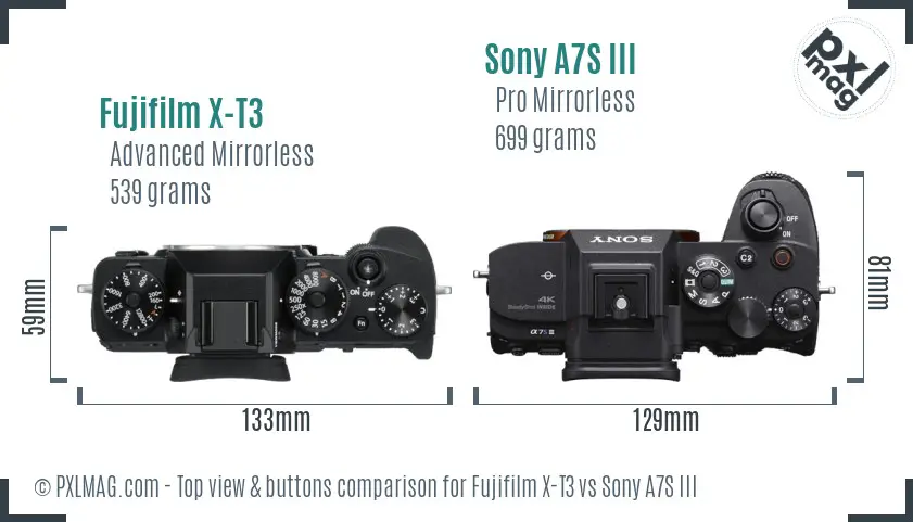 Fujifilm X-T3 vs Sony A7S III top view buttons comparison