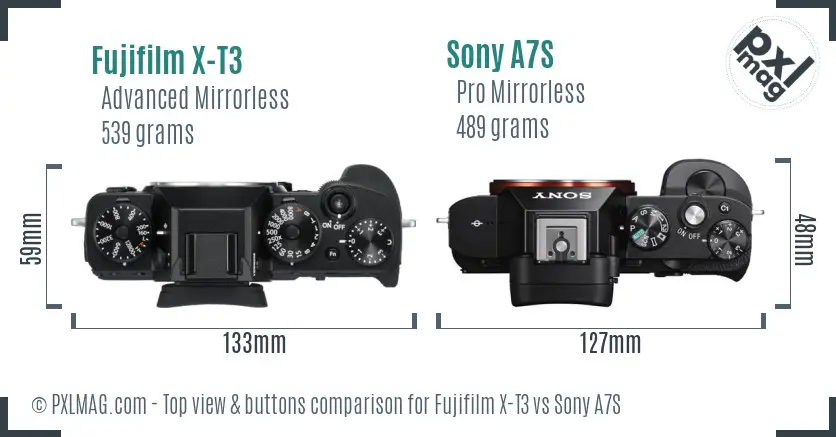 Fujifilm X-T3 vs Sony A7S top view buttons comparison