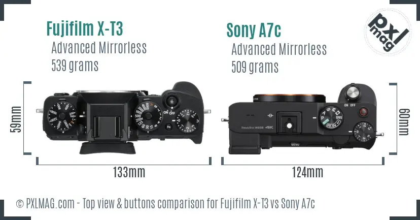 Fujifilm X-T3 vs Sony A7c top view buttons comparison