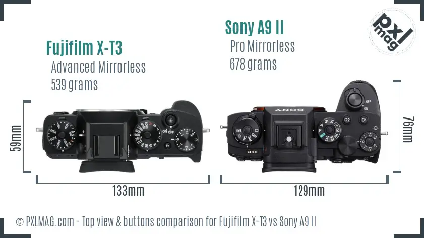 Fujifilm X-T3 vs Sony A9 II top view buttons comparison