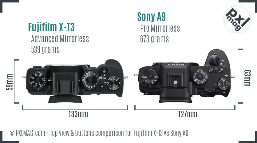Fujifilm X-T3 vs Sony A9 top view buttons comparison