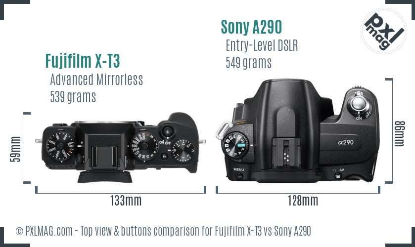 Fujifilm X-T3 vs Sony A290 top view buttons comparison