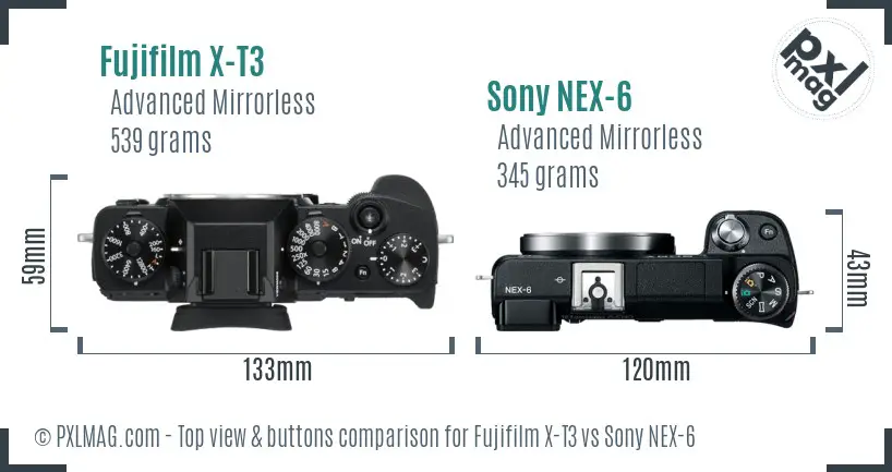 Fujifilm X-T3 vs Sony NEX-6 top view buttons comparison