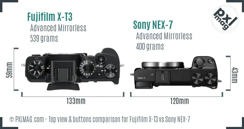 Fujifilm X-T3 vs Sony NEX-7 top view buttons comparison