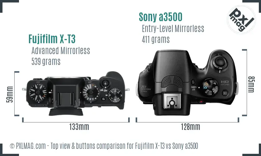 Fujifilm X-T3 vs Sony a3500 top view buttons comparison