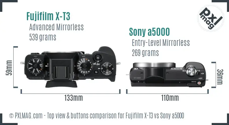 Fujifilm X-T3 vs Sony a5000 top view buttons comparison