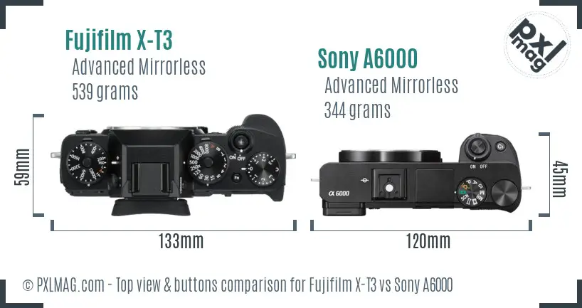 Fujifilm X-T3 vs Sony A6000 top view buttons comparison
