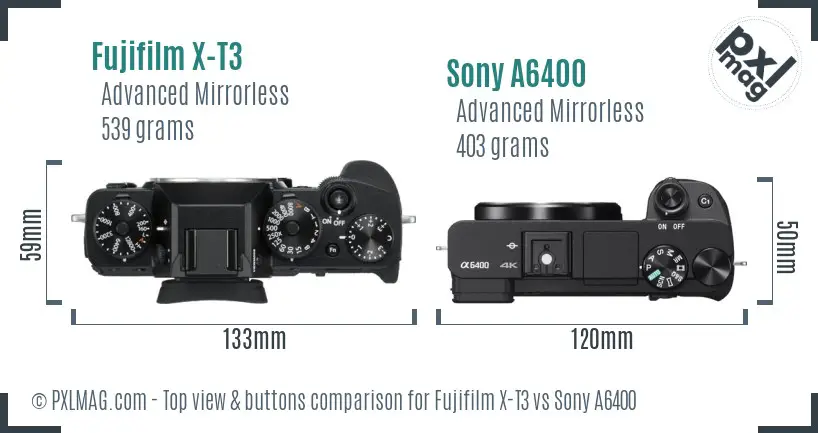 Fujifilm X-T3 vs Sony A6400 top view buttons comparison Fujifilm X-T3 vs Sony A6400 top view buttons comparison