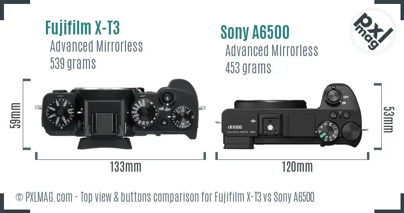 Fujifilm X-T3 vs Sony A6500 top view buttons comparison