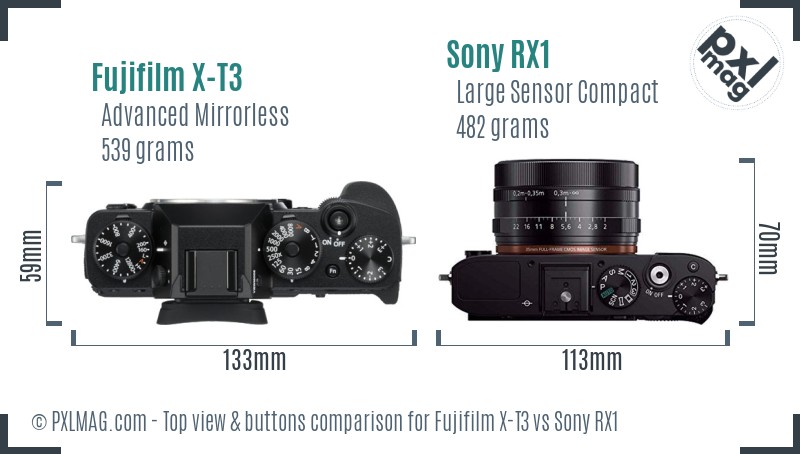 Fujifilm X-T3 vs Sony RX1 top view buttons comparison