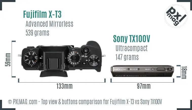 Fujifilm X-T3 vs Sony TX100V top view buttons comparison