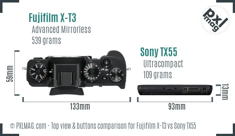 Fujifilm X-T3 vs Sony TX55 top view buttons comparison