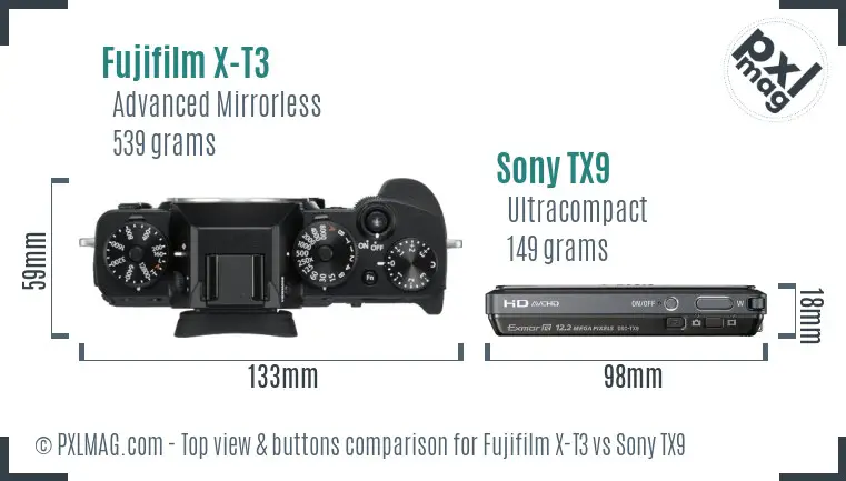 Fujifilm X-T3 vs Sony TX9 top view buttons comparison