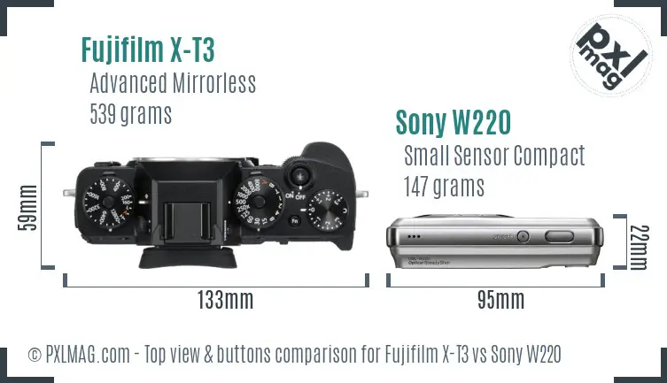 Fujifilm X-T3 vs Sony W220 top view buttons comparison