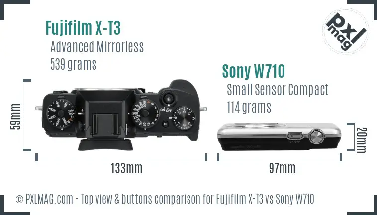 Fujifilm X-T3 vs Sony W710 top view buttons comparison