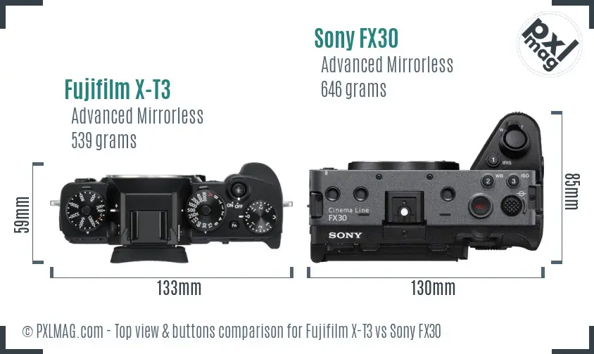 Fujifilm X-T3 vs Sony FX30 top view buttons comparison