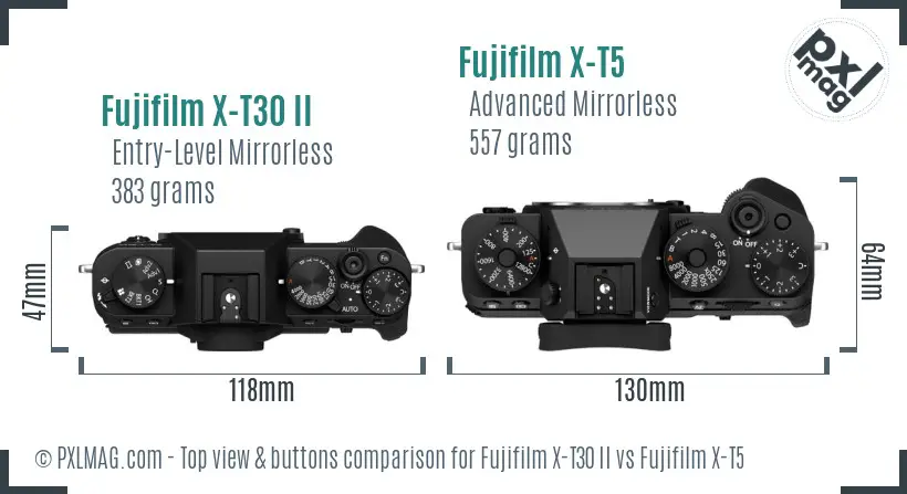Fujifilm X-T30 II vs Fujifilm X-T5 top view buttons comparison